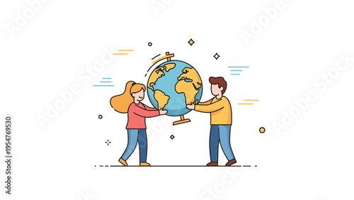 Children exploring a globe together: colorful illustration of kids learning geography