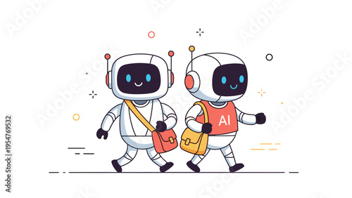 Two cute robots walking together with bags in minimalist cartoon style