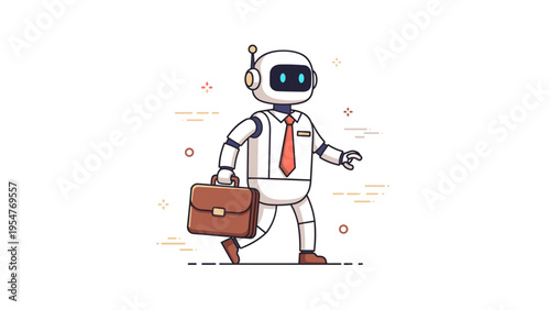 Cartoon robot in business attire walking with briefcase