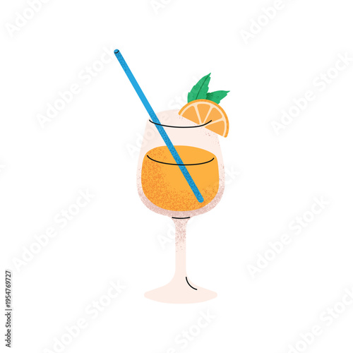 Glass of cold tropical beach cocktail with straw and citrus slice. Summer refreshing drink with fruit