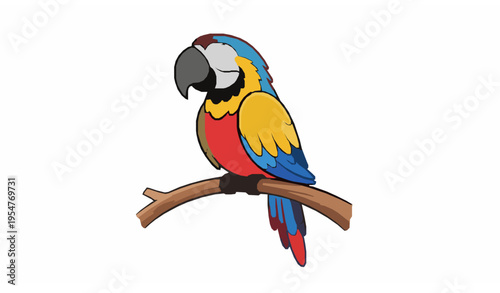 Cute cartoon macaw parrot sitting on tree branch colorful tropical bird flat vector illustration