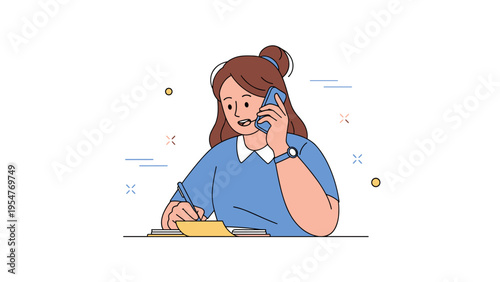 Young caucasian female talking on phone and writing notes cartoon illustration