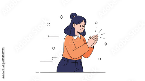 Smiling asian female character clapping in casual outfit