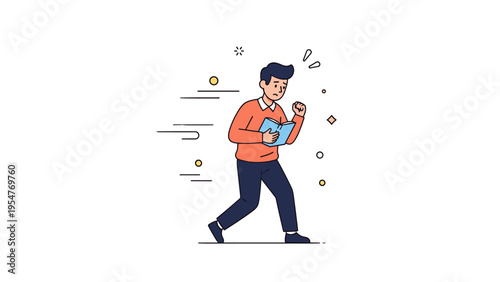 Illustration of frustrated male reading a book while walking