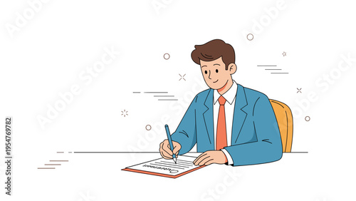 Young caucasian male signing document in blue suit at desk