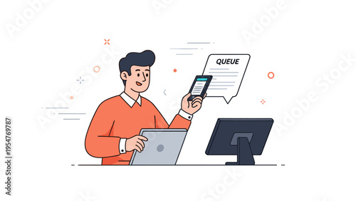Young caucasian male using digital devices in modern office setting