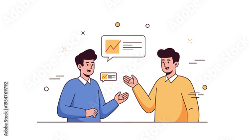 Cartoon illustration of two young caucasian males discussing business growth