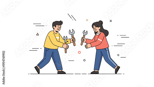 Illustration of caucasian young male and female with tools in playful interaction