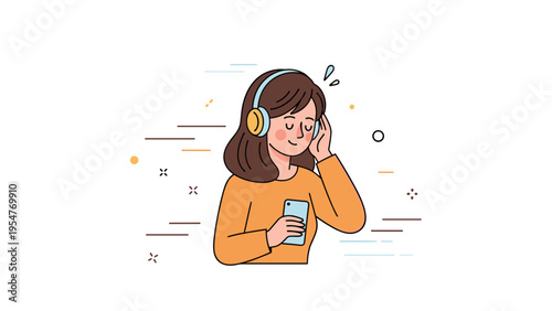 Young caucasian female listening to music with headphones and smartphone