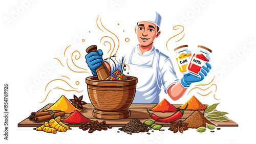 Culinary Symphony: A chef masterfully blends an array of vibrant spices, his creation an artistic tapestry of flavors.