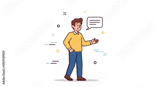 Smiling cartoon male character in yellow sweater engaging in conversation