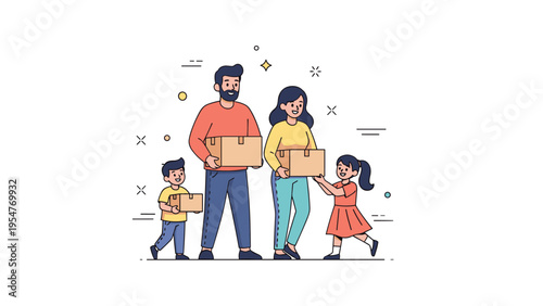 Happy family moving boxes together with joyful smiles