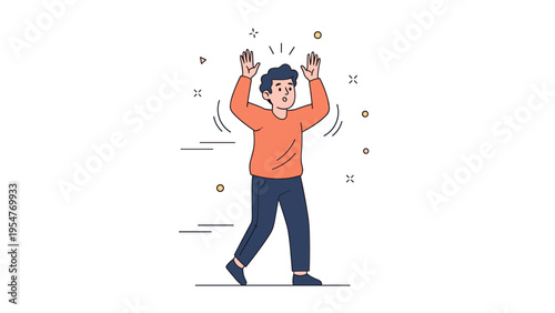 Surprised young male cartoon character with hands raised in orange shirt and blue pants