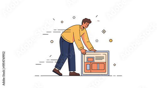 Young caucasian male moving illustration: cartoon character in motion