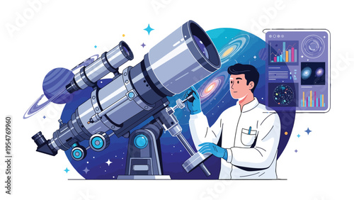 Astronomer and the Universe: An astronomer observes the cosmos through a telescope, with the universe and its galaxies providing the backdrop.