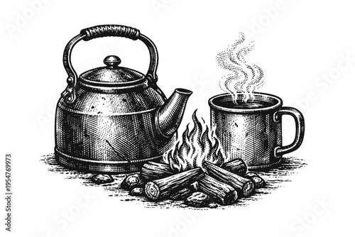Vintage Engraved Campfire Scene with Steaming Mug and Classic Kettle: A Rustic Outdoor Adventure Illustration Evoking Wilderness Serenity, Warm Beverages, and Cozy Moments by a Blazing Fire. Ideal for