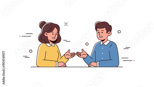 Cartoon illustration of young caucasian male and female in conversation