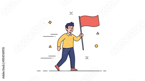 Illustrated young caucasian male holding red flag