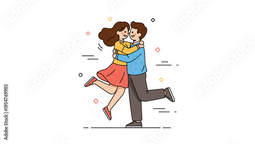 Happy young caucasian couple embracing in joyful cartoon style