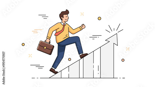 Businessman climbing arrow chart: ambitious male success concept