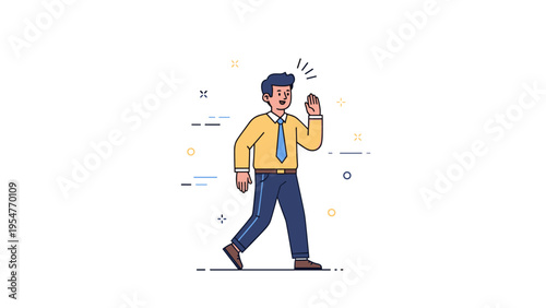 Animated young caucasian male waving in yellow shirt and blue tie