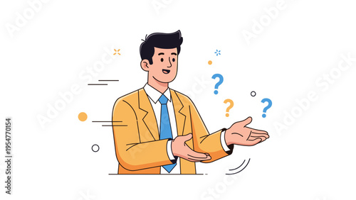 Illustrated male character in yellow suit with question marks