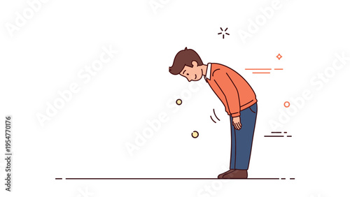 Cartoon illustration of a young male bowing in orange sweater and blue pants