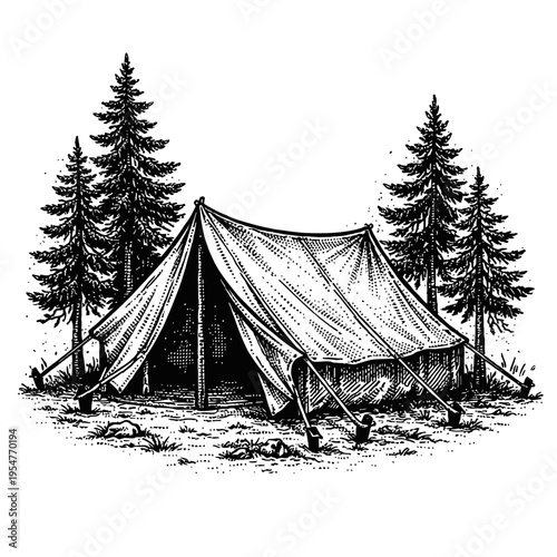 Vintage black and white woodcut of a classic camping tent in a forest with pine trees. This illustration evokes timeless outdoor adventure and peaceful nature retreats, perfect for rustic and retro de