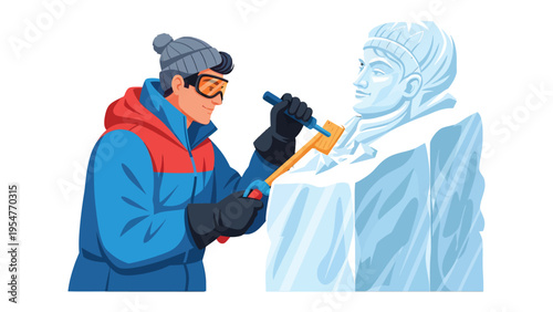 Ice Sculptor Carving Masterpiece: A skilled artisan carves a detailed statue from ice, using a chisel and mallet to bring the frozen art to life, with a keen eye for form and precision.