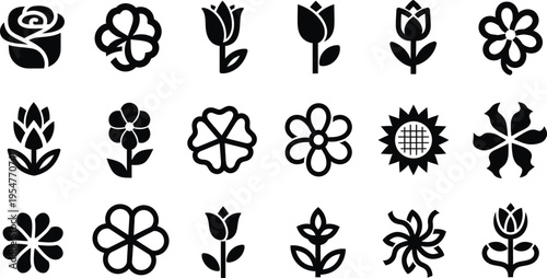 Collection of black and white tropical flower and symbols hibiscus plumeria
