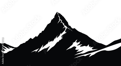Stark black and white silhouette illustration of a rugged mountain peak against a bright sky