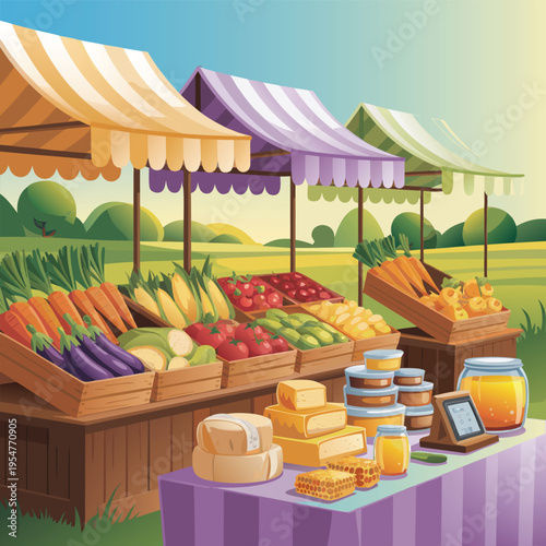 Outdoor farm market stalls, wooden fair booths or kiosks with striped awning and farmer food honey, dairy products and vegetables. Wood vendor counters for street trading, Cartoon vector illustration