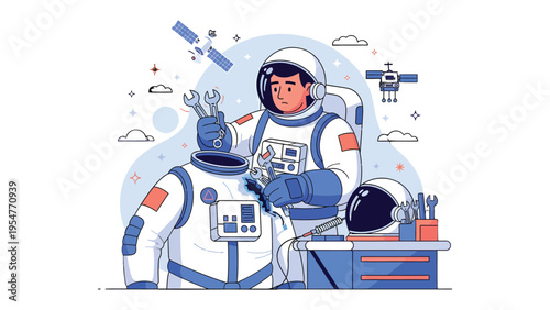 Astronaut in Repair: An astronaut meticulously inspects and repairs equipment within a space station environment, demonstrating the dedication required for space exploration and scientific discovery.