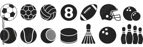 Sports balls minimal flat icon set, monochrome vector collection including soccer, football, tennis, golf, bowling, basketball, hockey, volleyball, rugby, and baseball, perfect for sports, games, 
