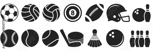 Sports balls minimal flat icon set, black and white vector illustrations of soccer, football, tennis, golf, bowling, basketball, hockey, volleyball, rugby, and baseball, suitable for icons, 