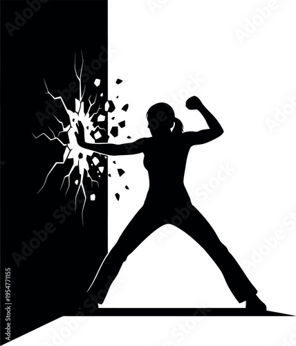 Person breaking through wall with clenched fist silhouette action graphic