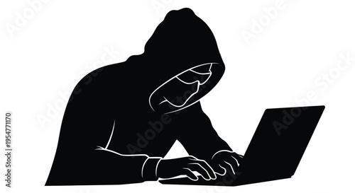 Anonymous person in a dark hoodie typing on a laptop, representing hacking, cybersecurity, and digital crime.