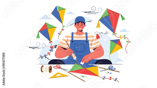 Kite Maker's Craft: A skilled craftsman meticulously assembles kites, surrounded by vibrant designs and tools, embodying the joy of creation and the artistry of craftsmanship.