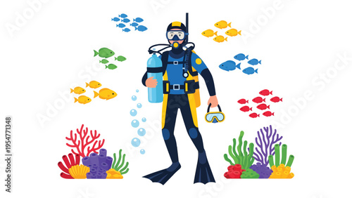 Underwater Adventurer: A diver in full gear ready to explore the depths, surrounded by colorful aquatic life, embodying the spirit of exploration and the beauty of the underwater world.