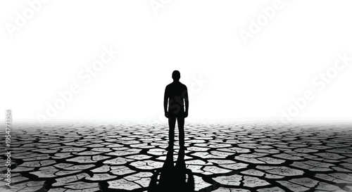 Human silhouette standing on cracked dry land symbolizing crisis and environmental challenges