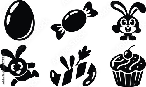 Set of Cute Minimalist Black Silhouette Easter Icons Featuring Rabbit Characters Egg Candy Cane Cupcake and Sweets for Holiday Graphic