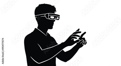 Silhouette of a man wearing augmented reality glasses interacting with digital space using hand gestures