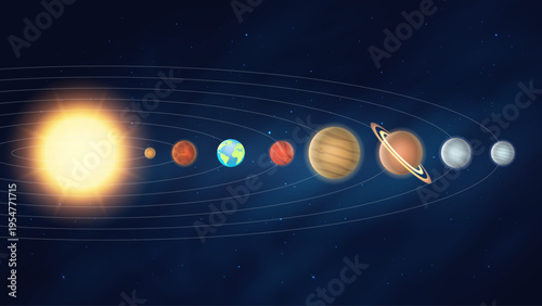 Solar System Planets Orbiting the Sun with Mercury Venus Earth Mars Jupiter Saturn Uranus Neptune Astronomy Space Background Vector Illustration