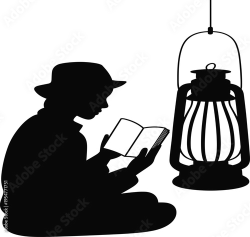 Silhouette of a young boy wearing a hat sitting and reading a book next to a vintage lantern vector illustration
