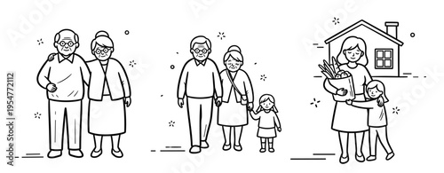 Elderly couples and family interactions in line art