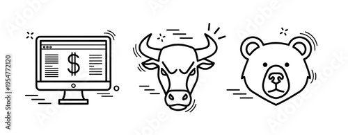 Bull and bear market icons with stock trading monitor symbol
