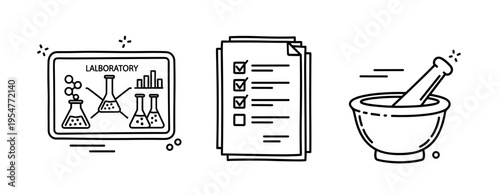 Scientific laboratory setup with chemical beakers, checklist, and mortar and pestle icons