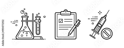 Science icons: laboratory flask, checklist clipboard, syringe and pill illustrations