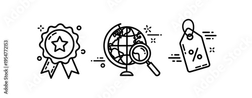 Award ribbon, global search icon, discount tag line art icons in black and white