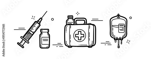 Minimalist medical supplies: syringe, medication bottle, first aid kit, iv bag
